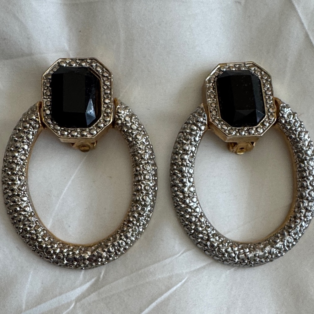 Vintage Elegant Silver and Black Hoop Earrings